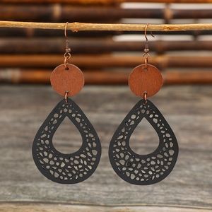 Hollowed Wooden Black Leather Teardrop Dangle Earrings